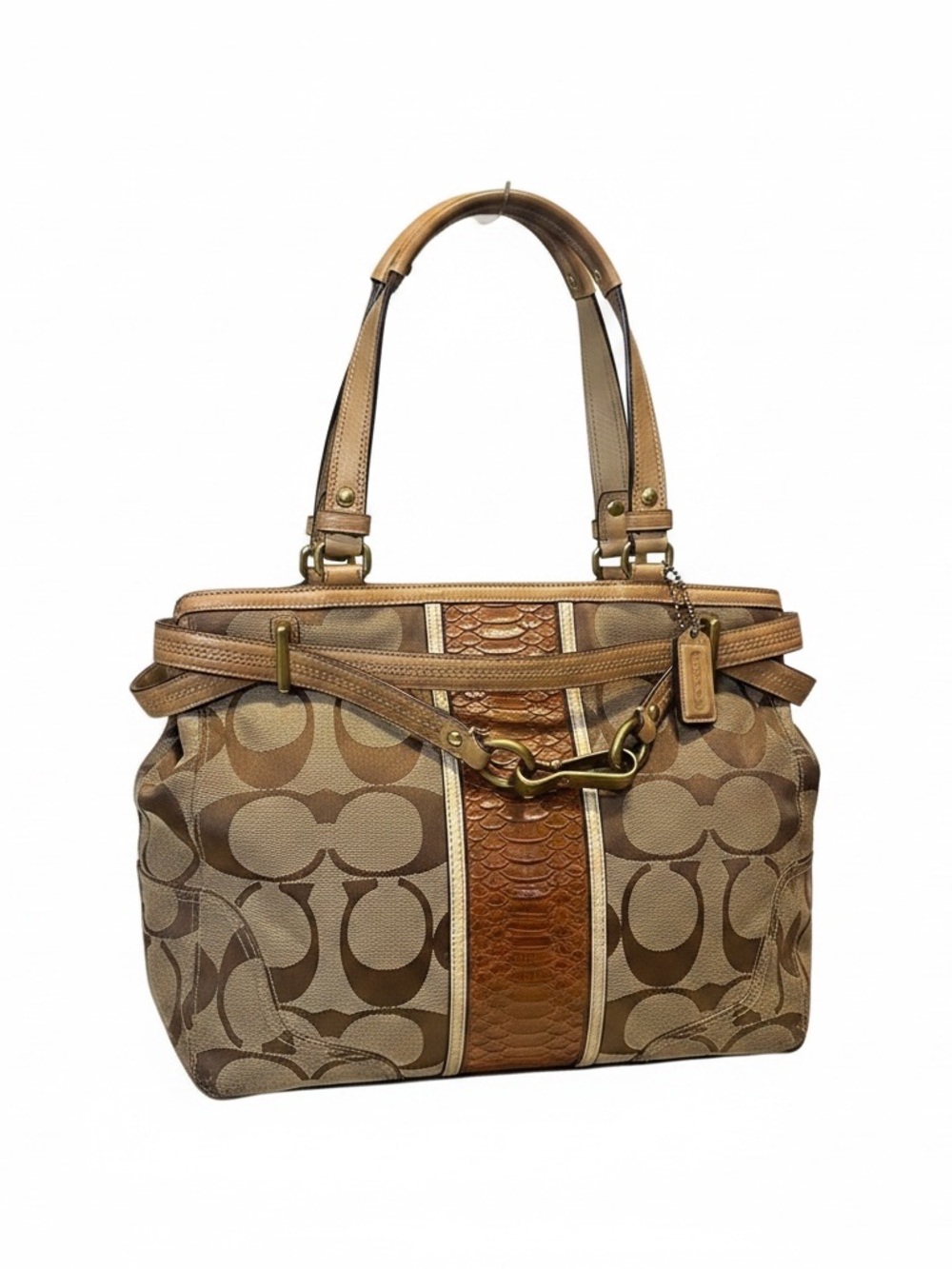Coach Tan Signature Canvas Shoulder Bag with Leather Trim